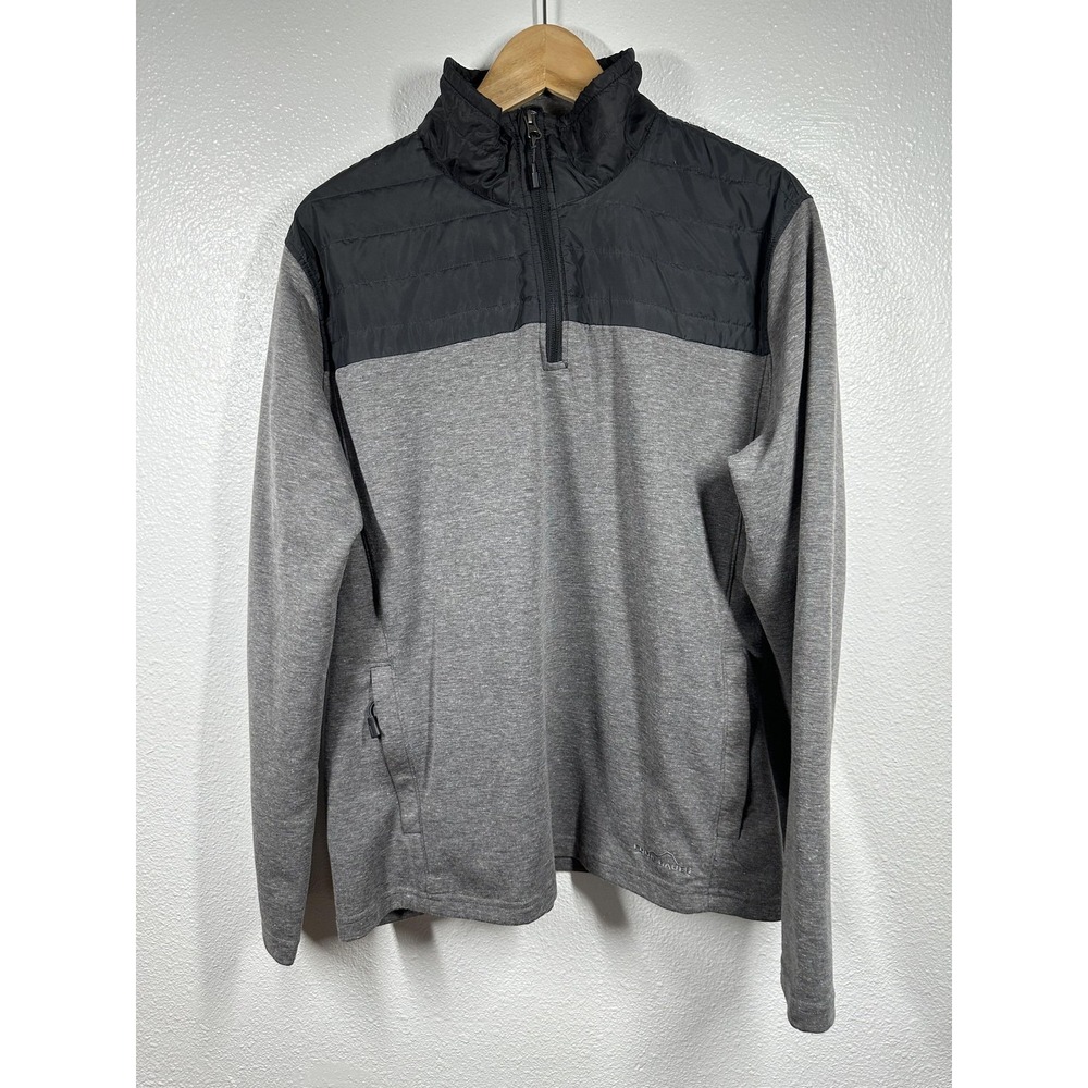 Eddie Bauer Pullover Mens XL Gray Black Hybrid Quilted Mock Neck Half Zip Jacket